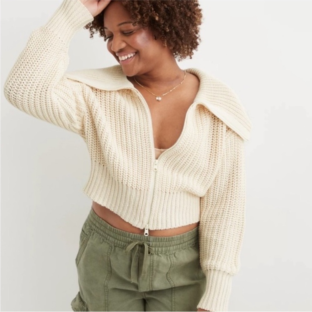 Aerie Cream Knit Women's Cardigan double zip crochet sweater quarter zip